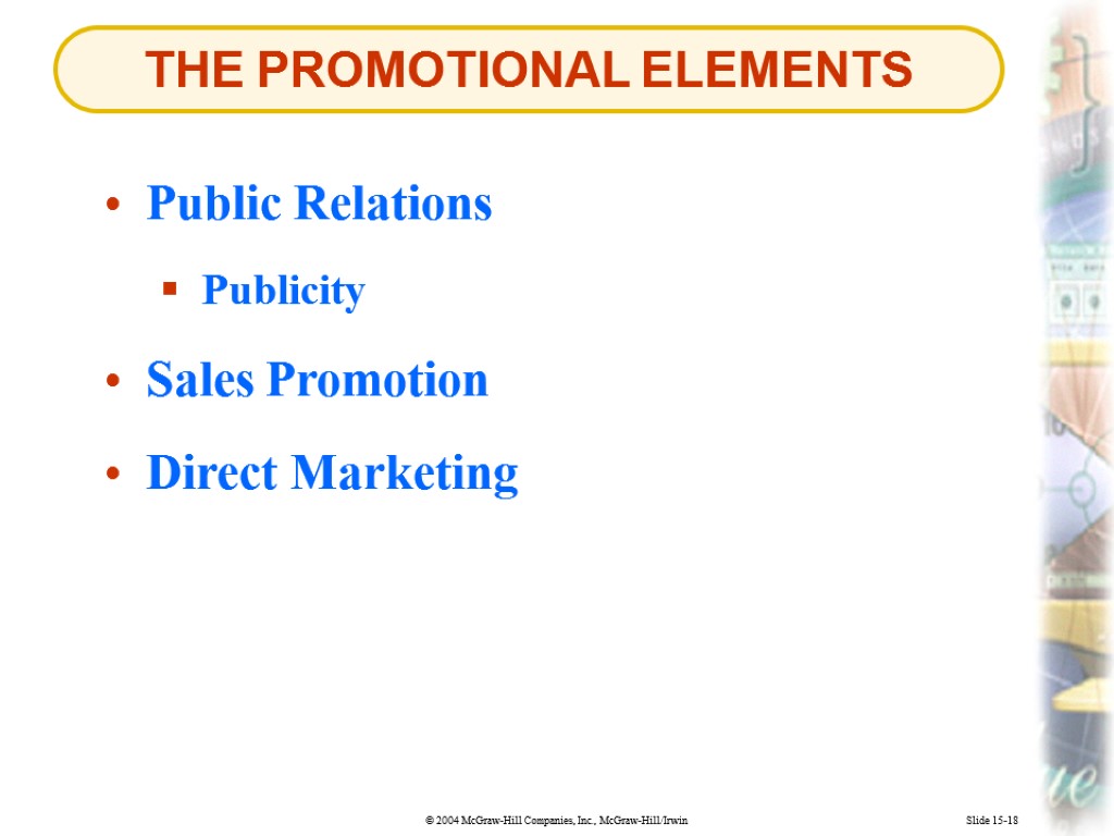 THE PROMOTIONAL ELEMENTS Slide 15-18 Public Relations Publicity Sales Promotion Direct Marketing